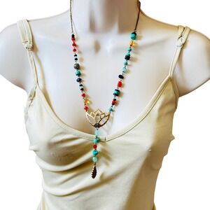 Lucky Brand Y2K Groovy Floral Necklace Brass Statement Chunky Boho Beaded BOHO